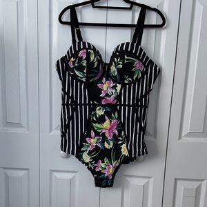 Torrid Black Floral Stripe One Piece Swimsuit